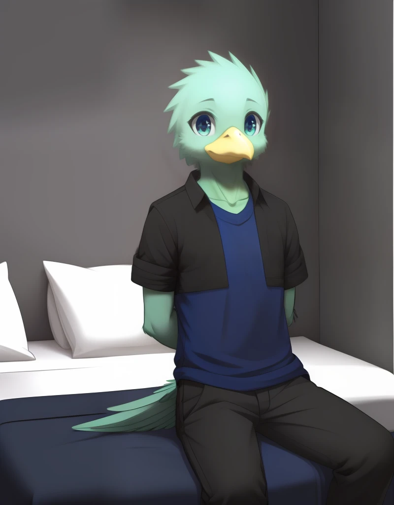 (((detailed eyes, detailed face))), (furry, yuuki <lora:character_yuuki_findigo_v2:1>, green hair, spiked hair, bird boy, avian, aqua eyes), male, (solo), (plump), (black jacket, short sleeves, grey pants, blue shirt), sitting, (arms behind back), smile BREAK (konzaburou, ukan_muri, cute), (bedroom), (flat shading, flat color, high brightness), 8k, UHD, masterpiece, (full body)