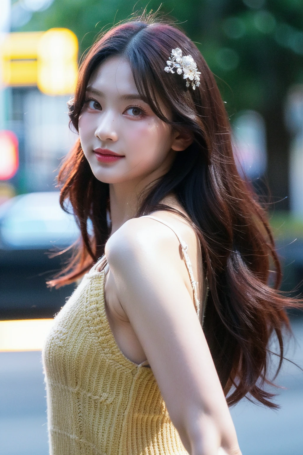 (in 8K、 Raw photography、top-quality,、hight resolution),、(hyper realisitic)、(realisitic),、Soft light、、girl with、Lifelike face、Realistic body、real looking skin、absurderes、masterpiece、Cuties、独奏、Innocent eyes、blusher、Cinema Lights、cherry colored lips、The hair 、a closeup、looking at viewert、 Open lips,、Upper teeth,、(Smiling eyes:0.6)、eyes focus、professionally lit、CG Social Trends、Plastic En、((Black Long Hair))、((Beautuful Women))、(A smile)、Fashionable、((A sexy))、Hair that flutters in the wind、((Flowing hair))、Happy -、fashion magazine、((lighting like a movie))、((Sun flower))、sunflowers fields、A dreamy world、goddes、