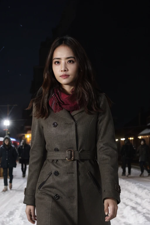 masterpiece, best quality, ultra-detailed, ultra high res, (photorealistic:1.4), raw photo, (realistic:0.2), CG, 8k HDR, cinematic lighting, 1girl, solo, looking at viewer, (a woman with a scarf on is walking down the street ), outdoor, (snow, snowflakes), night, aurora sky, upper body, lower body, asymmetrical hair, (detailed oily skin, medium breasts:0.8), (detailed face), (detailed background :1.1), closed mouth,