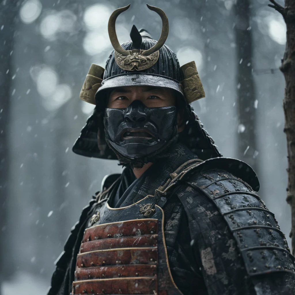 cinematic film still of  <lora:shogun style:0.6>
Shogun a man in a samurai costume with a helmet on,looking at viewer,upper body,male focus,multiple boys,solo focus,armor,blurry,mask,depth of field,3boys,helmet,shoulder armor,snowing,realistic,japanese armor,samurai,kabuto (helmet) , Japanese culture, Samurai, armor, warrior, horror theme, Shogun style, shallow depth of field, vignette, highly detailed, high budget, bokeh, cinemascope, moody, epic, gorgeous, film grain, grainy