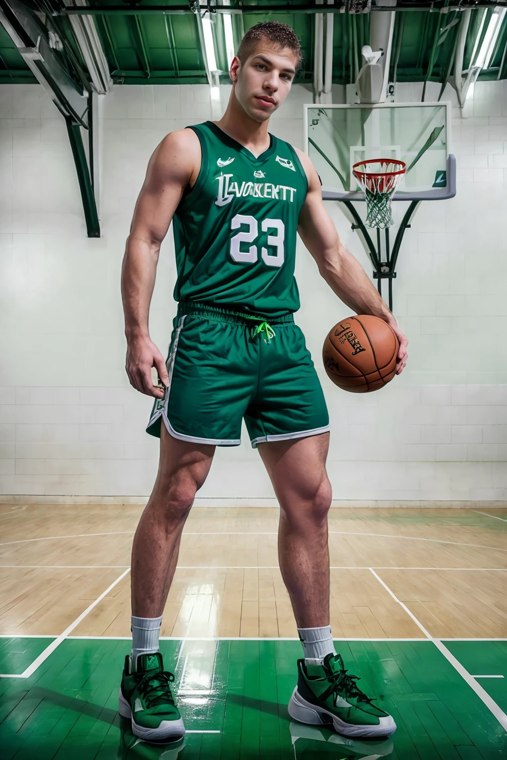 (basketball gym), basketball hoop, high ceiling, PaulWalker is a basketballplayer, basketball uniform, (green jersey:1.4) with silver trim, (green shorts:1.4) with silver trim, white socks, sneakers, (((full body portrait))), wide angle <lora:Clothing - Sexy Basketball Player:0.7> <lora:PaulWalker:0.8>
