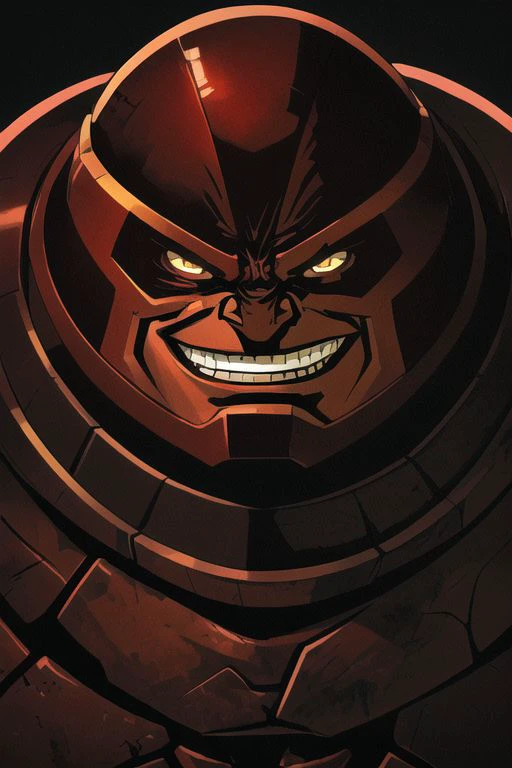 closeup portrait of XMenJuggernaut, brown helmet, evil smile, dark mood, evil theme