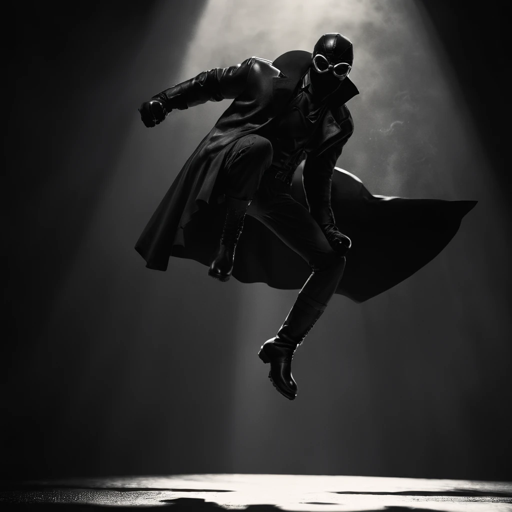 cinematic film still of  <lora:Spider-Man Noir:1>
Spider-Man Noir a man in a black suit is jumping in Marvel Noir universe,solo,simple background,gloves,1boy,monochrome,full body,male focus,boots,pants,black footwear,mask,black background , dark theme, cinematic noir, dramatic Light, big white goggles, shallow depth of field, vignette, highly detailed, high budget, bokeh, cinemascope, moody, epic, gorgeous, film grain, grainy