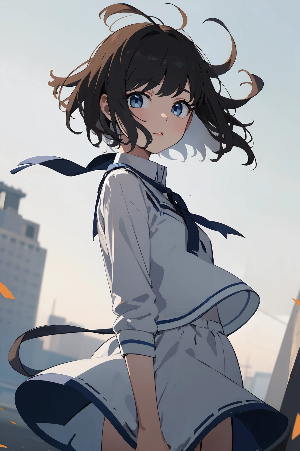 masterpiece,high quality,highres,1girl,solo,cowboy shot,upwind, (blue eyes , brown hair ),short hair ,,,,<lora:wind-upwind-v2-wasabiya:1>,floating-bangs,