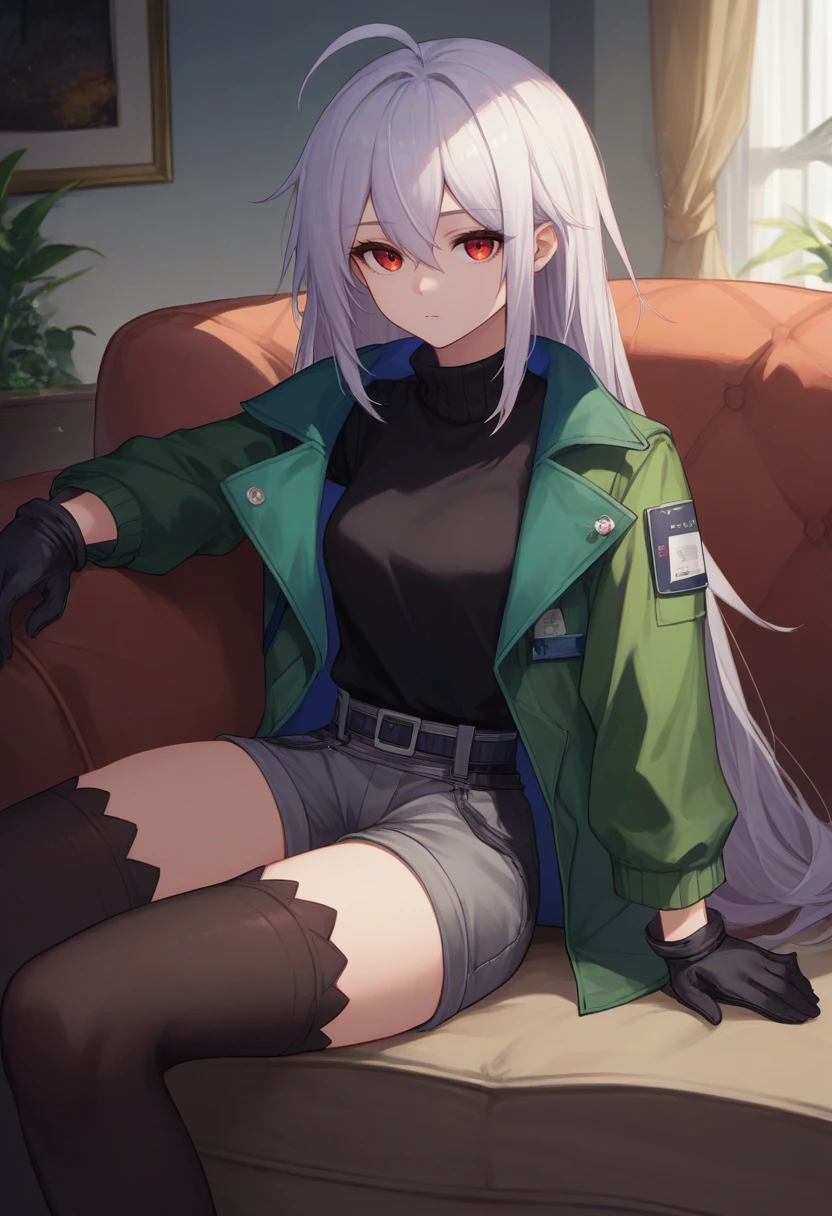 score_9, score_8_up, score_7_up, source_anime, solo, 1girl, skaditea, expressionless, looking at viewer, sitting, couch, ahoge, open clothes, green jacket, long sleeves, black sweater, turtleneck, black gloves, grey shorts, thighhighs, belt, indoors, living room <lora:arknights_skadi_ponyXL:1>