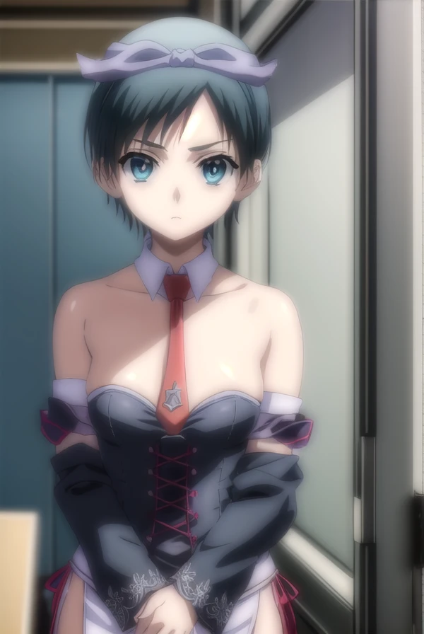 oruhahashimoto, <lora:oruha hashimoto-lora-nochekaiser:1>,
oruha hashimoto, short hair, black hair, (black eyes:1.3),
BREAK bare shoulders, necktie, detached collar, red necktie, corset, detached sleeve, thighhighs, ribbon, hair ribbon,
BREAK indoors,
BREAK looking at viewer, (cowboy shot:1.5),
BREAK <lyco:GoodHands-beta2:1>, (masterpiece:1.2), best quality, high resolution, unity 8k wallpaper, (illustration:0.8), (beautiful detailed eyes:1.6), extremely detailed face, perfect lighting, extremely detailed CG, (perfect hands, perfect anatomy),