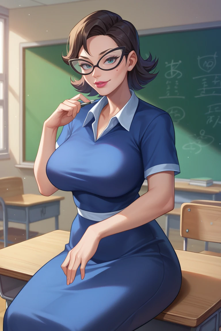 score_9, score_8_up, score_7_up, BREAK, 1girl, solo,  <lora:eleanorbutterbean-guy-PONYv1:1>, eleanorbutterbean, blue dress, lipstick, short sleeves, glasses, sitting, classroom, on desk, looking at viewer, breasts, mature female, teacher, chalkboard,