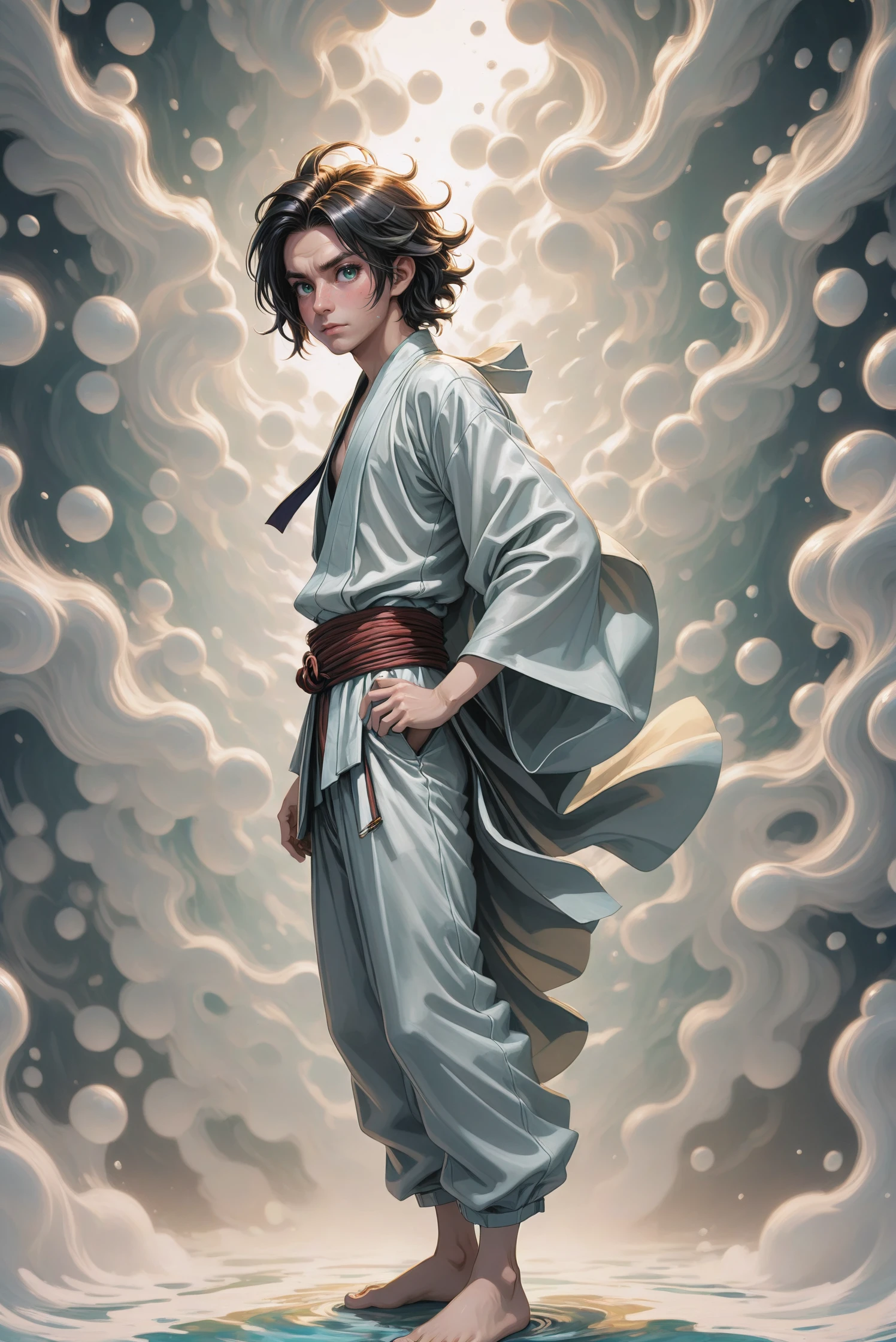 digital painting, (full body:1.2), 1boy, man, ruggedly handsome, solo, [:creative costume design,:0.2] pirate, muted navajowhite kimono, silk trousers, caucasian, darkseagreen hair, (slim:1) build, wonderous,gargantuan fantasy city outside of the universe<lora:EnvyQuantumFoamXL01:1>