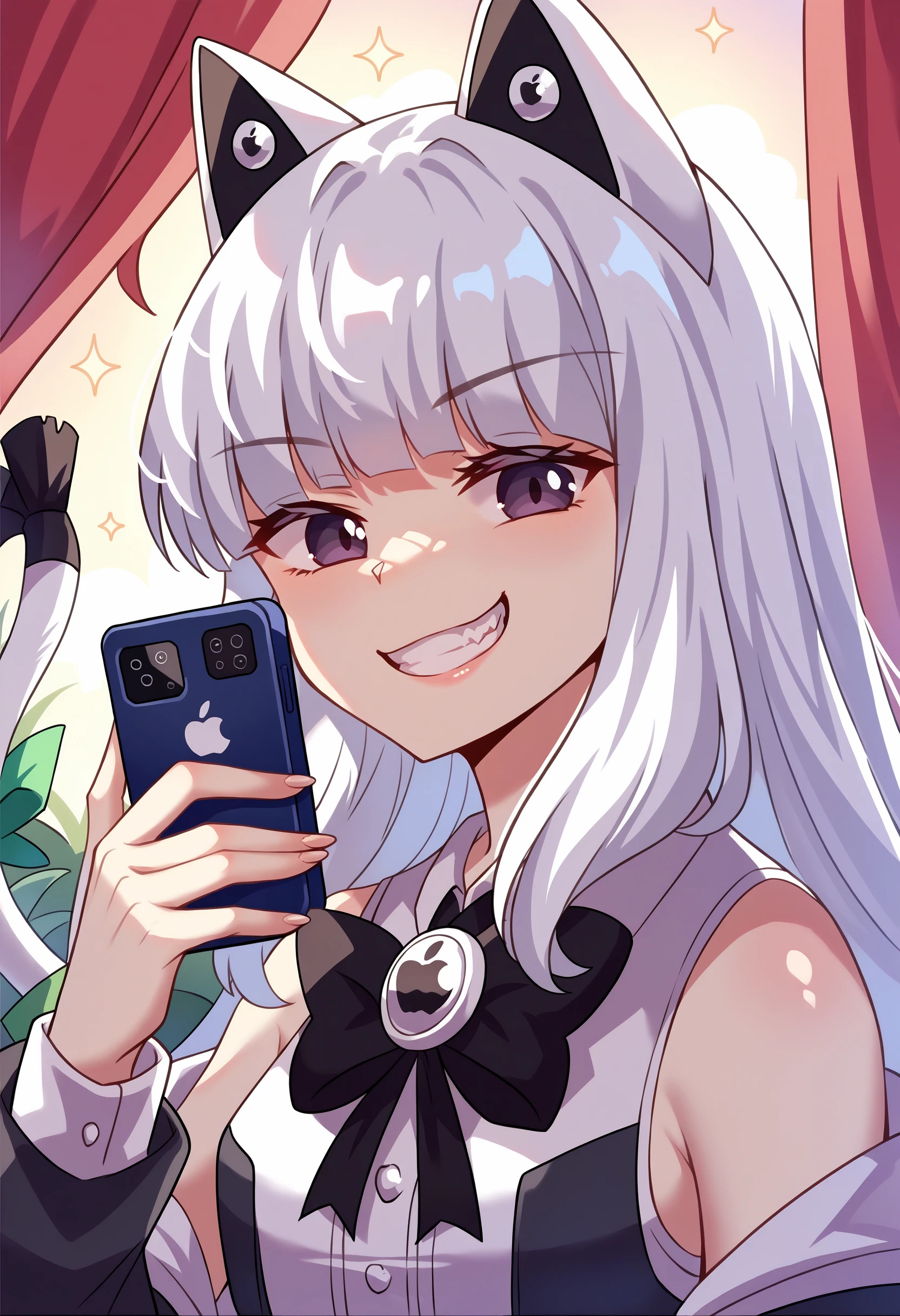 score_9, score_8_up, source_anime, 1girl, upper body, IPhonechan, appleicon, cat tail, tail ornament, tail bow, <lora:IPhonechan_PDXL:1>, smartphone, holding phone, grin, ,