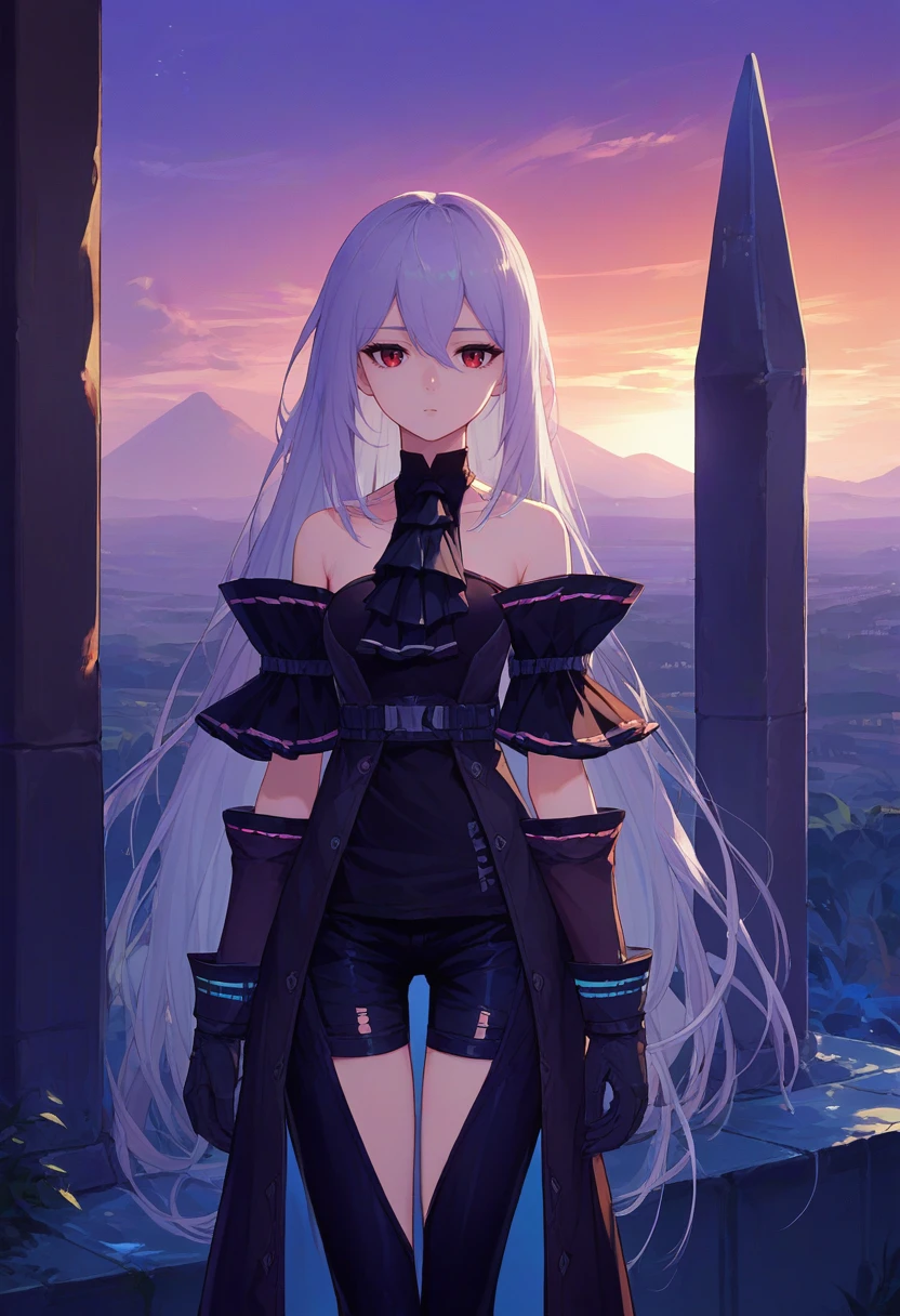 score_9, score_8_up, score_7_up, source_anime, solo, 1girl, skadielite, expressionless, looking at viewer, standing, black shirt, black ascot, detached sleeves, gloves, black pants, thigh cutout, bare shoulders, outdoors, sunset <lora:arknights_skadi_ponyXL:1>