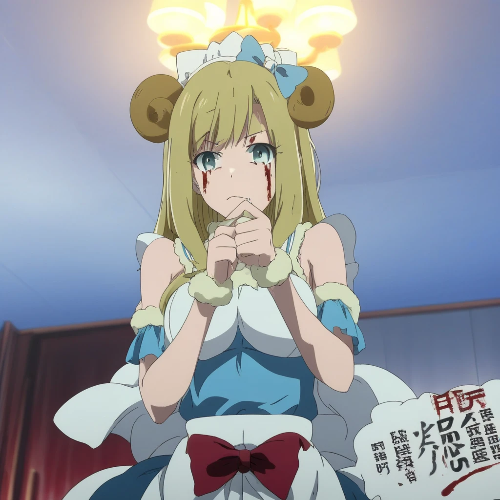 amwkaoruko, blood, wristband, solo, english text, ass, blue panties, dress, 1girl, ceiling light, blurry background, pool of blood, closed mouth, animal ears, out of frame, white background