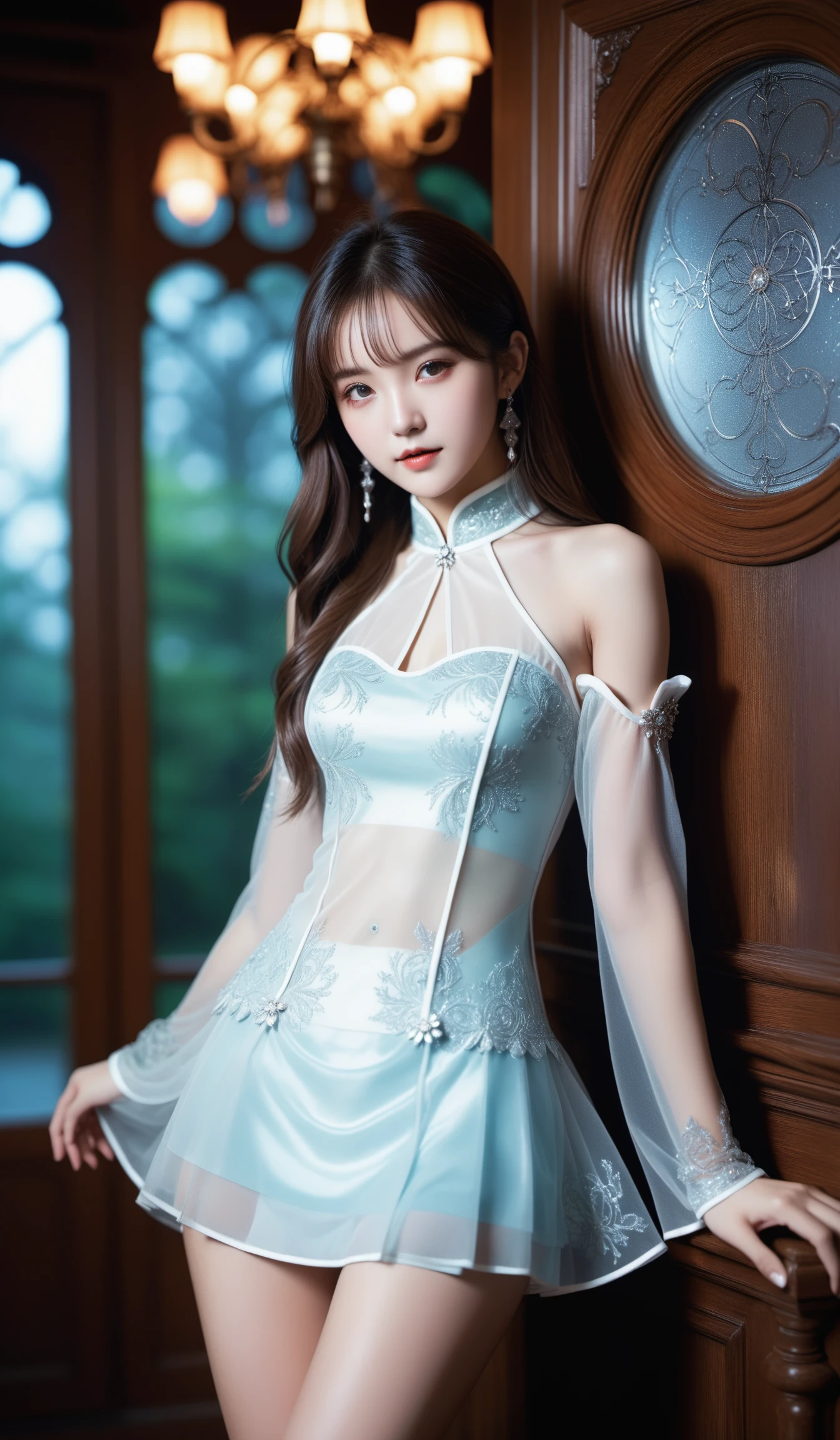(Best quality,masterpiece,ultra realistic:1.3), (extremely intricate masterful beautiful:1.3), (hyperrealistic photography,photorealistic:1.4),(extremely ultra-detailed),RAW, (natural skin, detailed skin),(skindentation:0.3),(Art Nouveau:1.3),(vivid colors:1.3),(close portrait:1.3),(Beautiful fractal art:1.3),(((photo raw)), Silhouette Lighting Reflection/Refraction and Infrared Effect and movie still and Tilt-Shift Blur , ,),girl,1girl,peerlessly beautiful idol, beautiful detailed eyes,showing fashion wear,(see-through_clothing),(very_long_hair),(Elegant posture),shine,glowing,sparkling, film grain texture,analog photography aesthetic,dynamic composition,beautiful spirals,energy coalescing and vibrating,(dynamic angle,dynamic pose),(panoramic view:1.3),(Lying down:1),
gothic_lolita,wearing see-through (cheongsam:1),(((very short miniskirt))),charming,alluring,seductive,enchanting,
(reactive neck bracelet ),(sparkling very slightly included (vs1) onyx, full cut, facet pattern, 20.00 carat, alluring, dull, silicone, scratch protection, solidity, coating, custom setting, antique, hard to find, nautical, antique, artistic expression),(forest, nanobots,traffic light),(bright magical circle spirit overlook),(enchanting spellcasting room, wardrobe,Coffee Table,Toilet Paper,Valuable Artwork, hardwood,Exposed Aggregate Concrete, LED Bulbs, chandeliers, sci-fi),
SimplePositiveXLv2