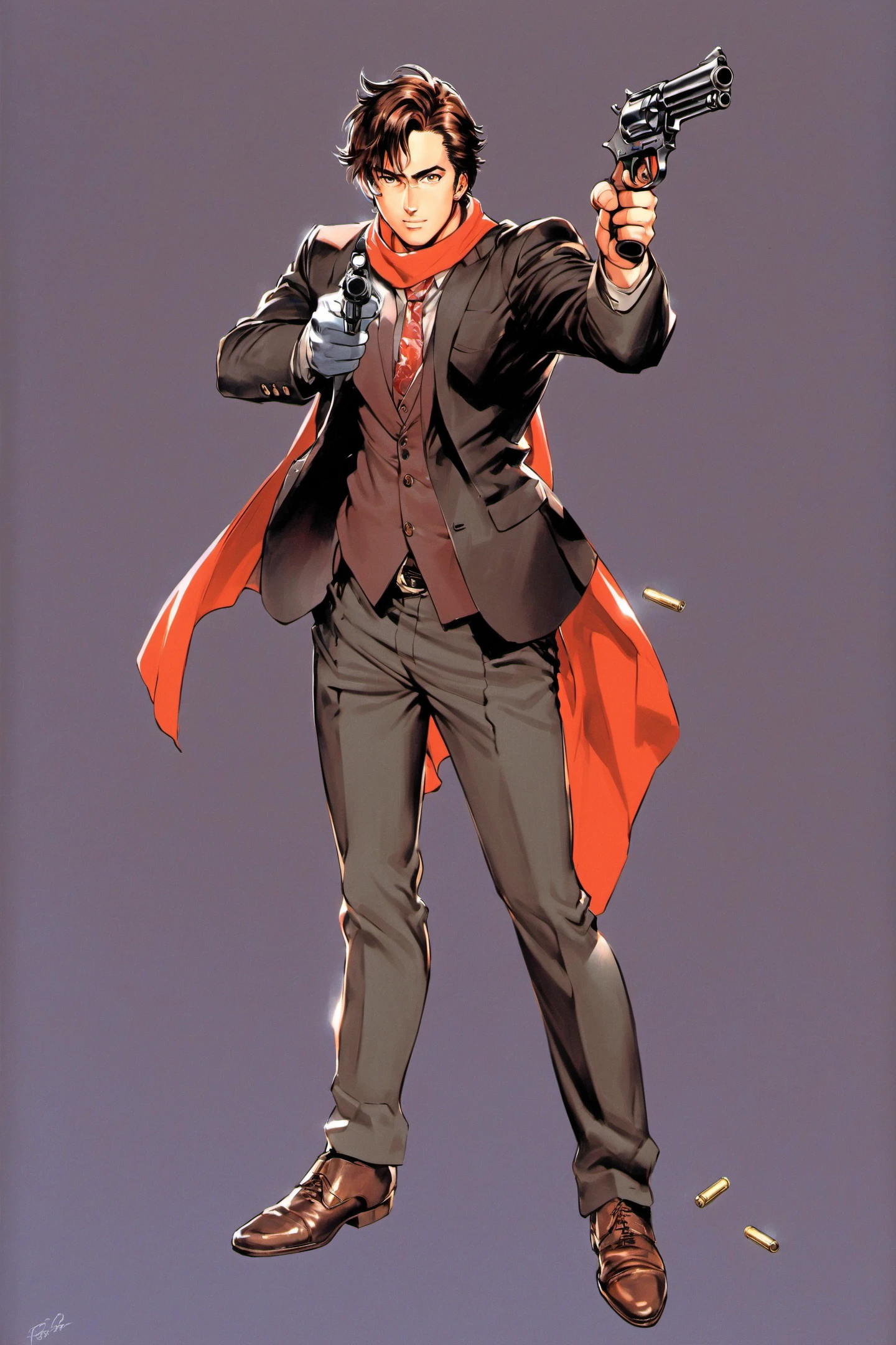 Saeba Ryo,1boy,weapon,male focus,gun,necktie,solo,brown hair,scarf,handgun,brown footwear,holding weapon,holding,white background,revolver,brown eyes,jacket,suit,shell casing,holding gun,pants,formal,cigarette,red necktie,simple background,bullet,standing,looking at viewer,<lora:Tsukasa Hojo_XL:0.8>,