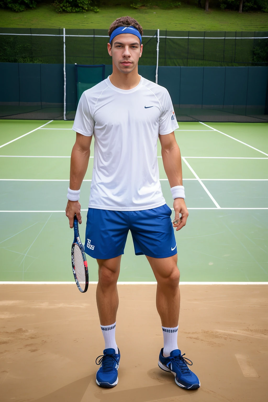 tennis court, PaulWalker is a tennis player, wearing shirt, shorts, socks, sneakers, headband, holding a tennis racket, holding tennis ball, (((full body portrait))), wide angle <lora:PaulWalker:0.8>