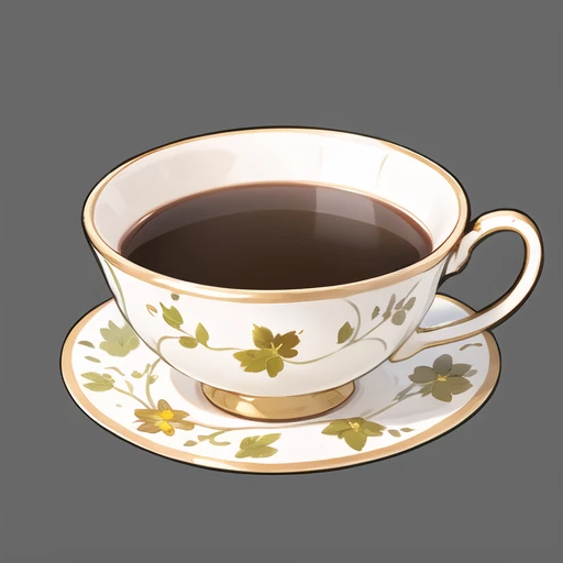 <lora:gmic ico_2d1.2-000012:0.5>,game icon institute_\(icon\),a cup of coffee with a saucer on a gray background with a flower pattern on it and a gold rim,black background,cup,floral print,grey background,no humans,shiny,simple background,white flower,