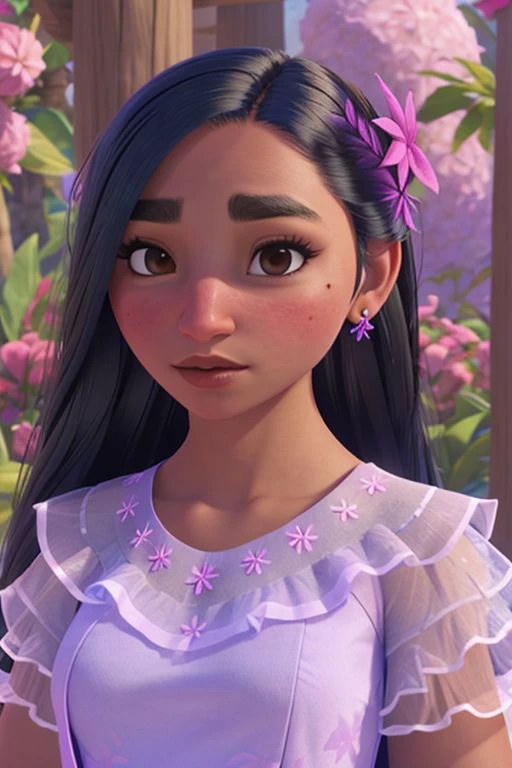 isabela madrigal, dark skin, default outfit, hair flower, upper body <lora:Isabela Madrigal_v1:1>