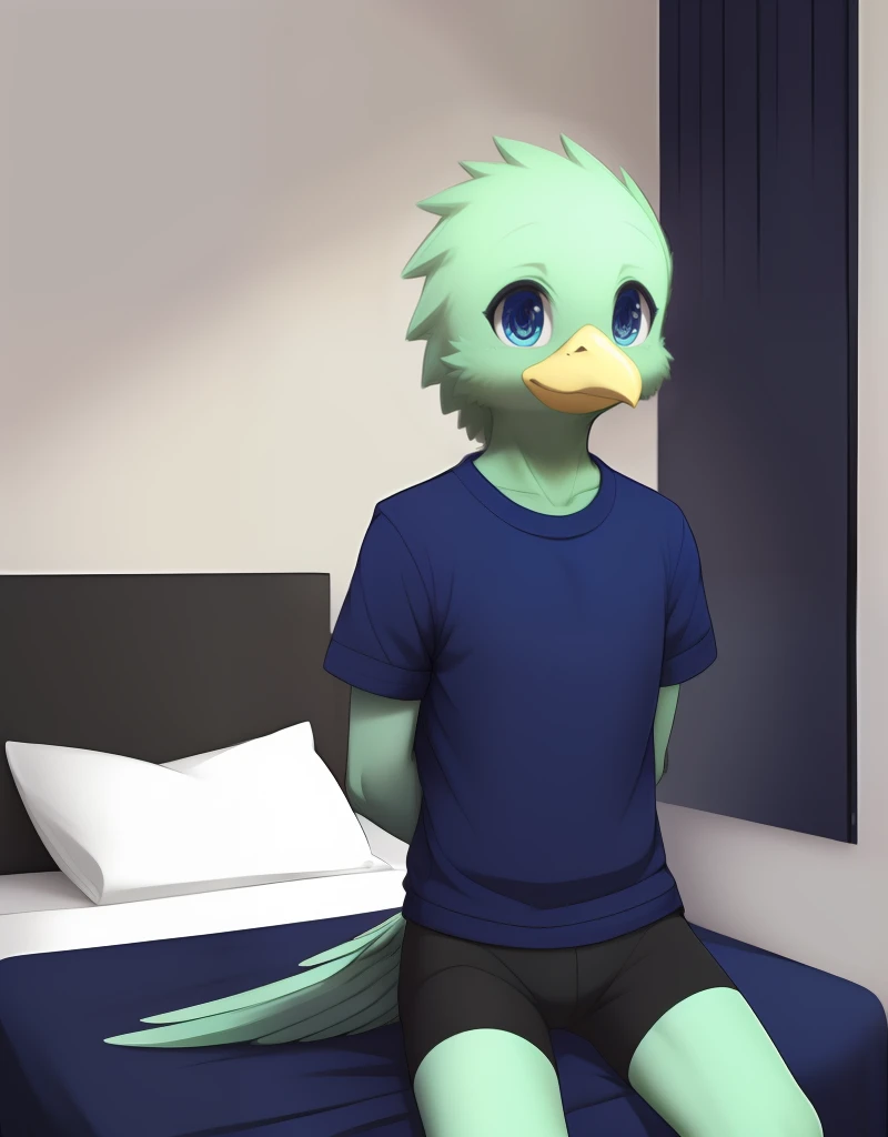 (((detailed eyes, detailed face))), (furry, yuuki <lora:character_yuuki_findigo_v2:1>, green hair, spiked hair, bird boy, avian), male, (solo), (plump), (blue shirt, short sleeves, black boxer briefs, black male underwear), sitting, (arms behind back), smile BREAK (konzaburou, ukan_muri, cute), (bedroom), (flat shading, flat color, high brightness), 8k, UHD, masterpiece, (full body)