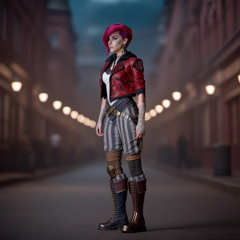 cinematic photo a woman, full body, pink hair, red jacket, steampunk city background, (((text ''VI''))) <lora:Vi1024-V2:0.8> . 35mm photograph, film, bokeh, professional, 4k, highly detailed