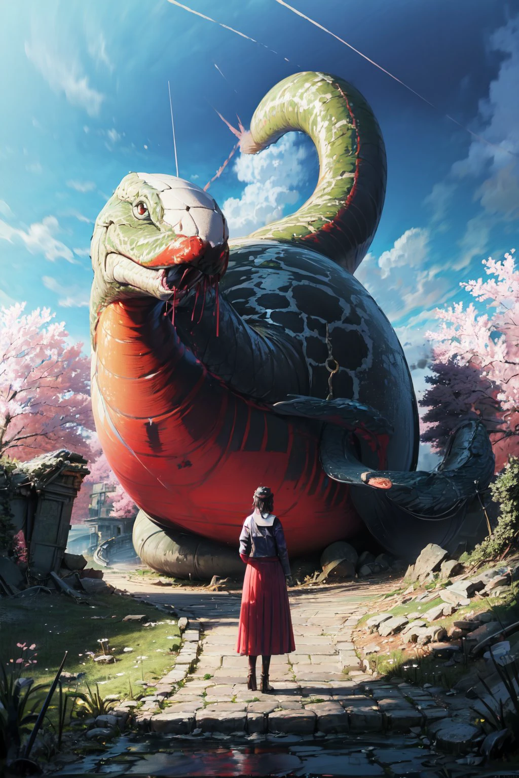 CONCEPT_Oversized_Animal_ownwaifu, giant snake, 1girl, outdoors, cloud, standing, sky, from behind, day, oversized animal, ((masterpiece)),((best quality)),(highres), bokeh, depth_of_field, sunlight, scenery, ruins, waterfall, looking at viewer, solo,
