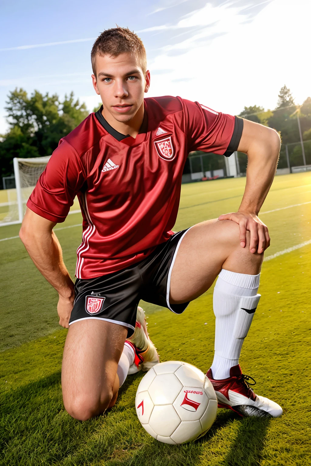 outdoors, soccer field, golden hour, natural lighting, kneeling on one knee, PaulWalker is a soccer player, wearing red soccer jersey, black soccer shorts, soccer socks with shin guards, red sneakers, soccer ball, ((full body portrait)), wide angle  <lora:PaulWalker:0.8>