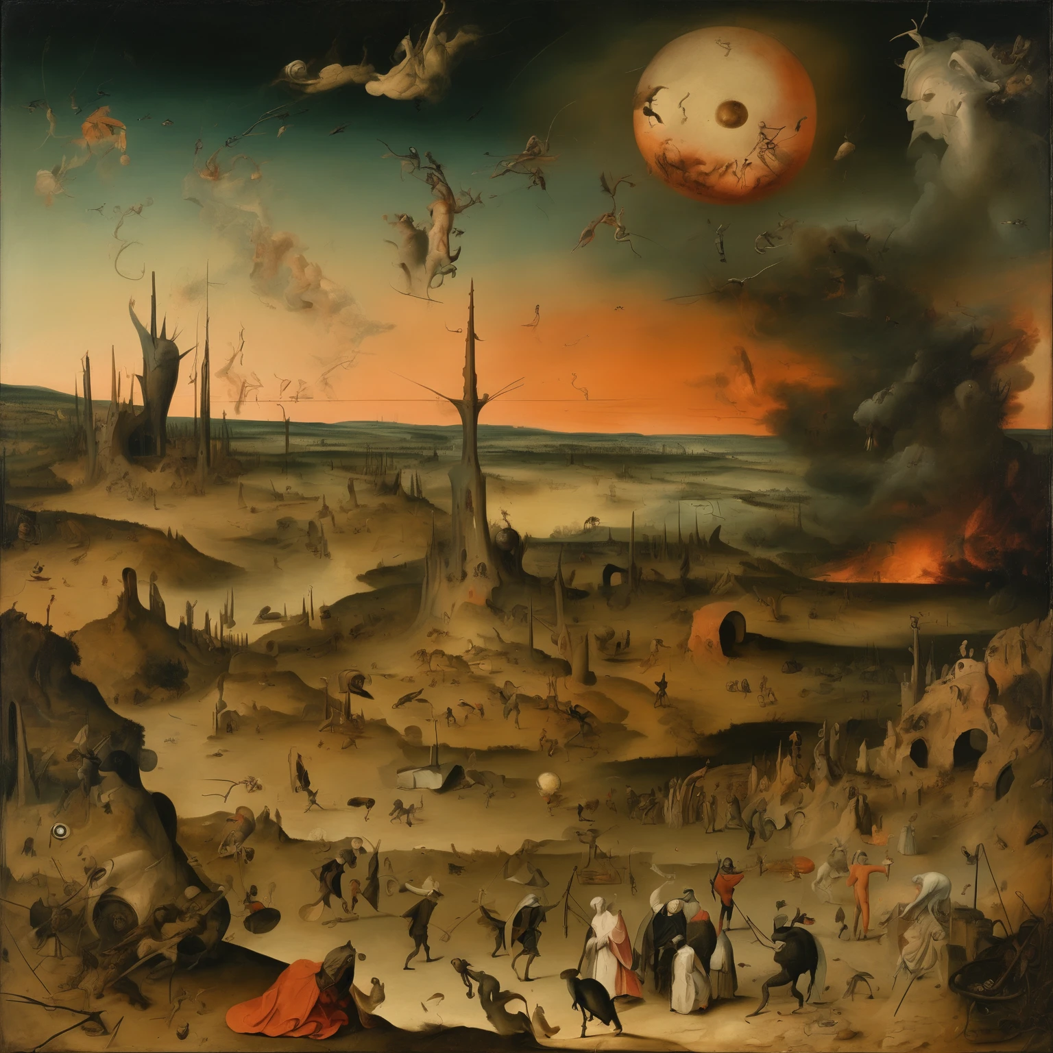 Senario with many faces in the background , hordes of demons , amidst hellfire , with lots of red light , --ar16:9 , 8k, Heads with horns , demonic form , black eyes , red eyes --auto