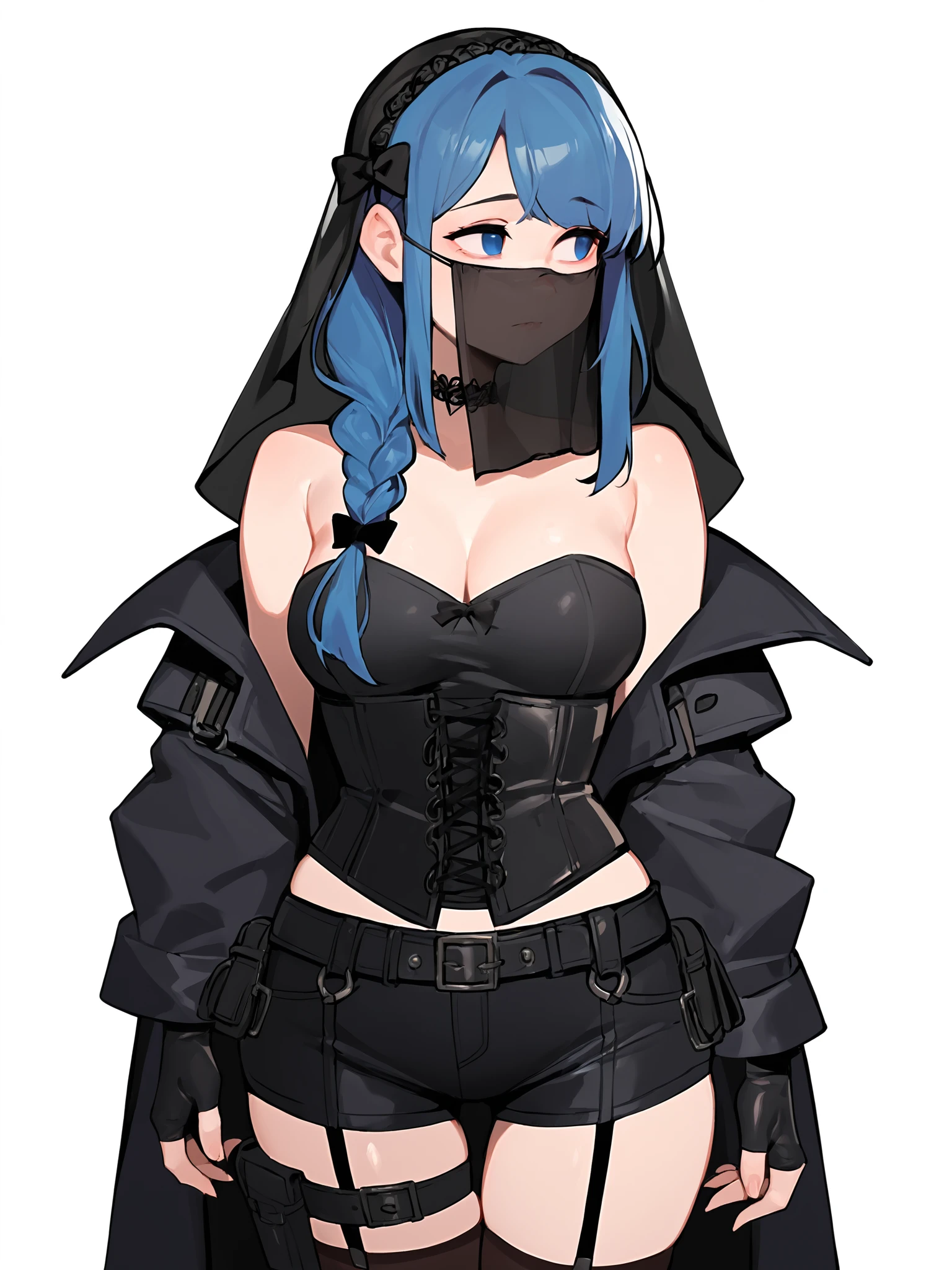 score_9, score_8_up, score_7_up, score_6_up, score_5_up, score_4_up,
BREAK
girl with blue hair, blue eyes, empty eyes, long hair, straight hair, bangs, mature female, black bow, hair bow, braided hair, black pupils, looking away,
BREAK
standing, medium breasts, black tank top, black shorts, black thighhighs, black fingerless gloves, black elbow gloves, strapless, garter straps, choker, (black coat:1.2), black veil, black mouth veil, black bridal veil, corset, (thigh holster:1.1),
BREAK
white background, <lora:Lunas-ToxxyT-SDXL-A1:1>
