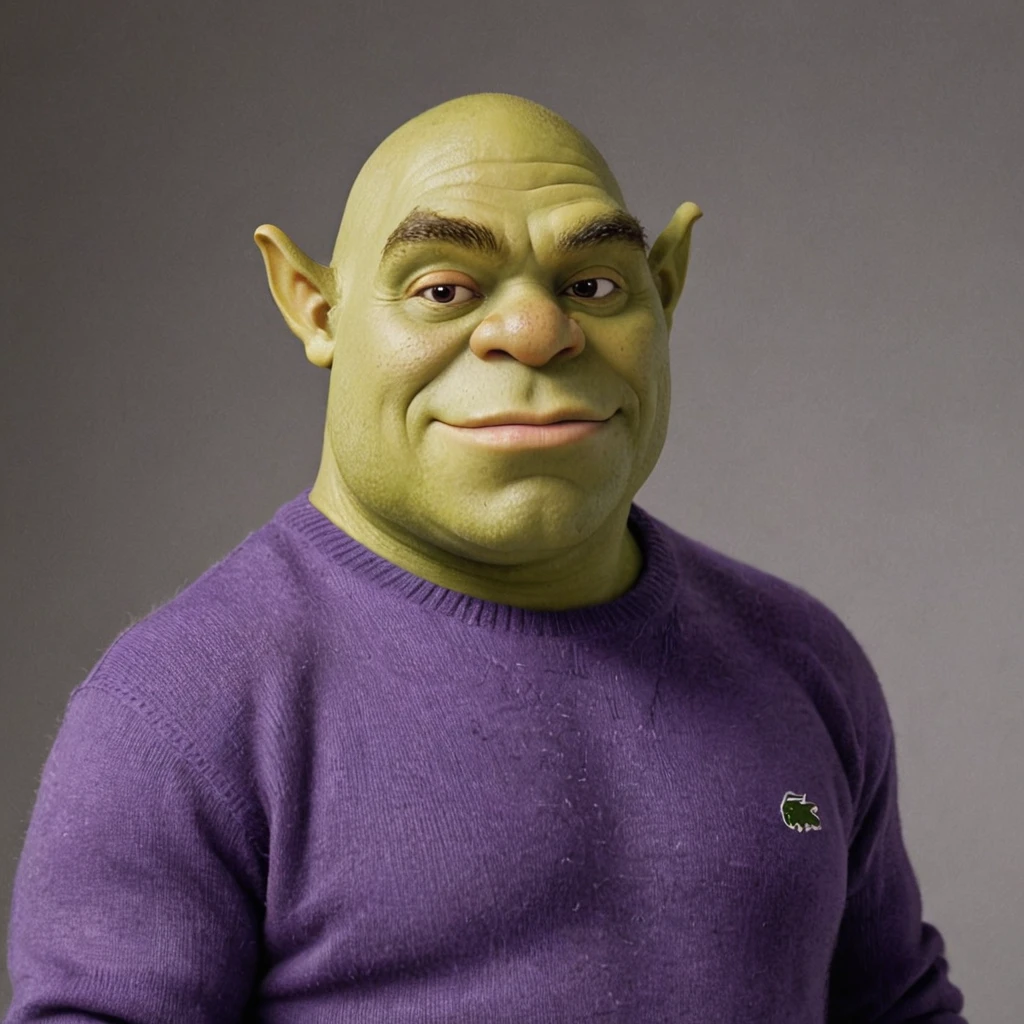 portrait of green-skinned shrek, wearing lacoste purple sweater