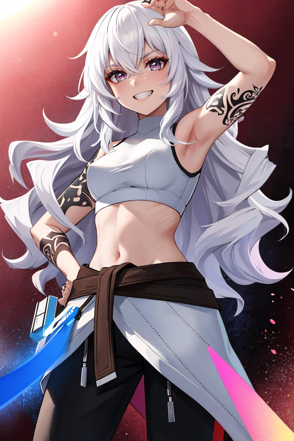 masterpiece, best quality, grin
<lora:zs_Guernica:1> guernicap5t, long hair, white hair, arm tattoo, tattoo, crop top, midriff, clothes around waist, pants