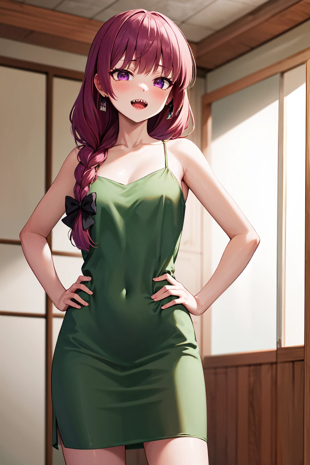 masterpiece, best quality, highres, aakikuri, long hair, single braid, hair bow, hair over shoulder, purple eyes, sharp teeth, medium breasts, green dress, sleeveless, <lora:hiroi_kikuri_v1:0.7>, hands on hips, standing, cowboy shot, indoors