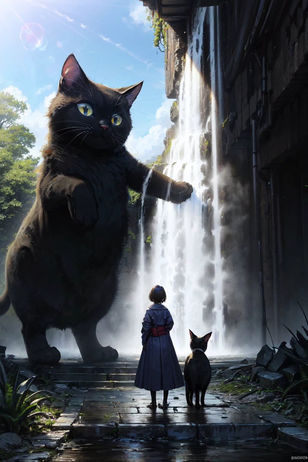 CONCEPT_Oversized_Animal_ownwaifu, black_cat, 1girl, outdoors, cloud, standing, sky, from behind, day, oversized animal, ((masterpiece)),((best quality)),(highres), bokeh, depth_of_field, sunlight, scenery, ruins, waterfall, looking at viewer, solo,
