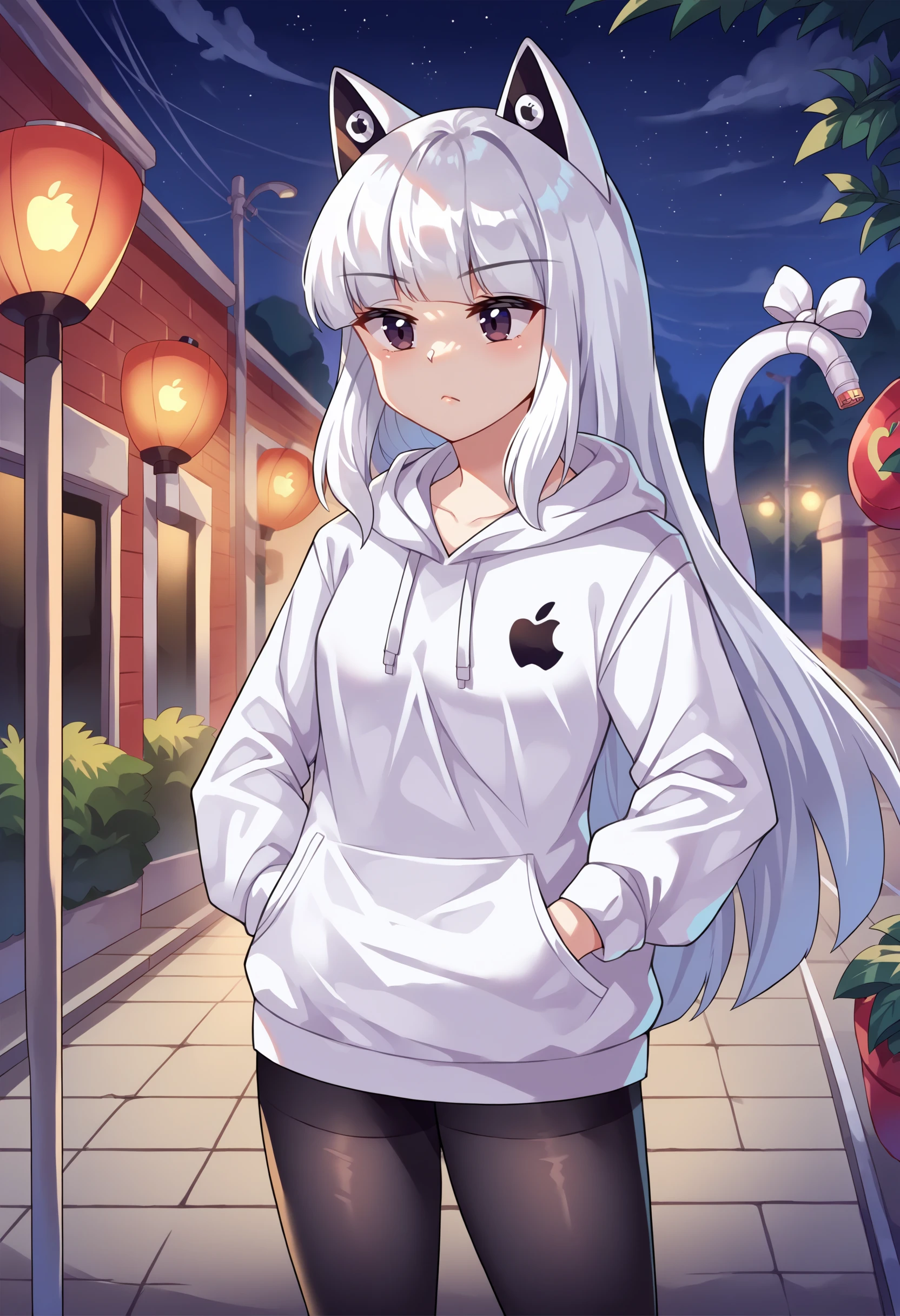 score_9, score_8_up, source_anime, 1girl, cowboy shot, IPhonechan, appleicon, cat tail, tail ornament, tail bow, <lora:IPhonechan_PDXL:1>, white hoodie, outdoors, night, hands in pockets, black pantyhose,
