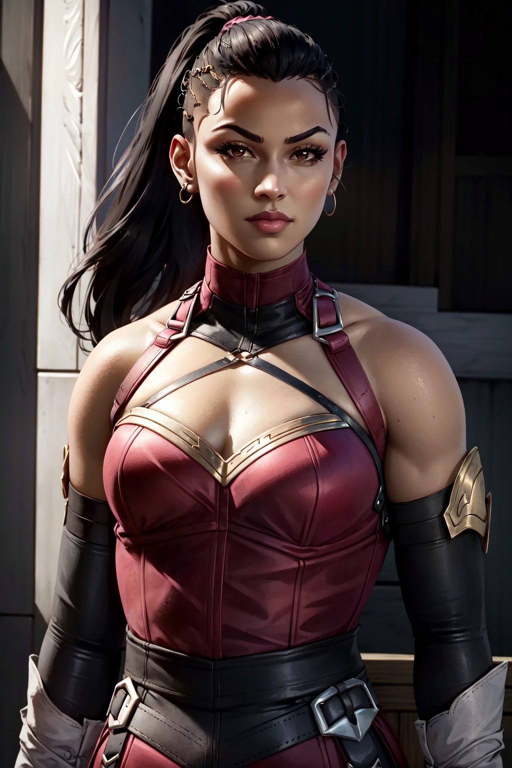 (extremely detailed CG unity 4k wallpaper),(masterpiece),(ultra quality),(ultra-detailed),(best illustration),(best shadow),(absurdres),(detailed background) <lora:OGT_Mileena-v1:1> Mileena, Human Form, Human, 1girl, solo, long hair, earrings, black hair, ponytail, front hump ponytail, shaved sides with ponytail, jewelry, lips, closed mouth, serious, focused, realistic, brown eyes, pink outfit, fingerless gloves, bare shoulders, elbow gloves, medium breasts, medium breasts, leggings, upper body, looking at viewer, facing viewer, dark room