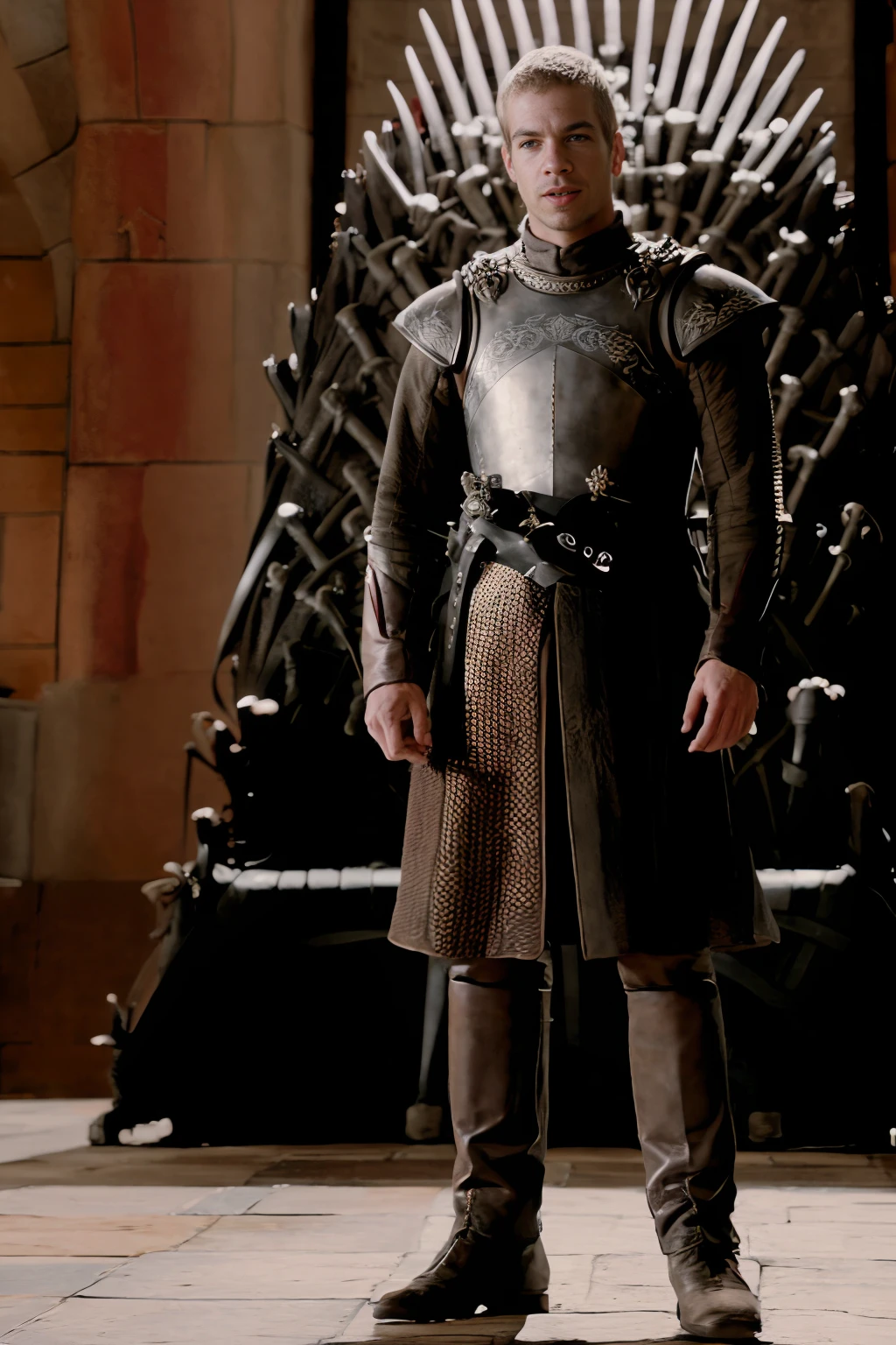 Games of Thrones, Throne Room of the Red keep, high ceiling, (standing in front of the (Iron Throne:1.2)), dignified, confident, PaulWalker, wearing knight's armor, shoulder armor, breastplate, intricate details,  (((full body portrait))), wide angle <lora:PaulWalker:0.85>  <lora:game_of_thrones_offset:0.85>  <lora:add_detail:0.4>  <lora:exposure_control_v10:0.5>