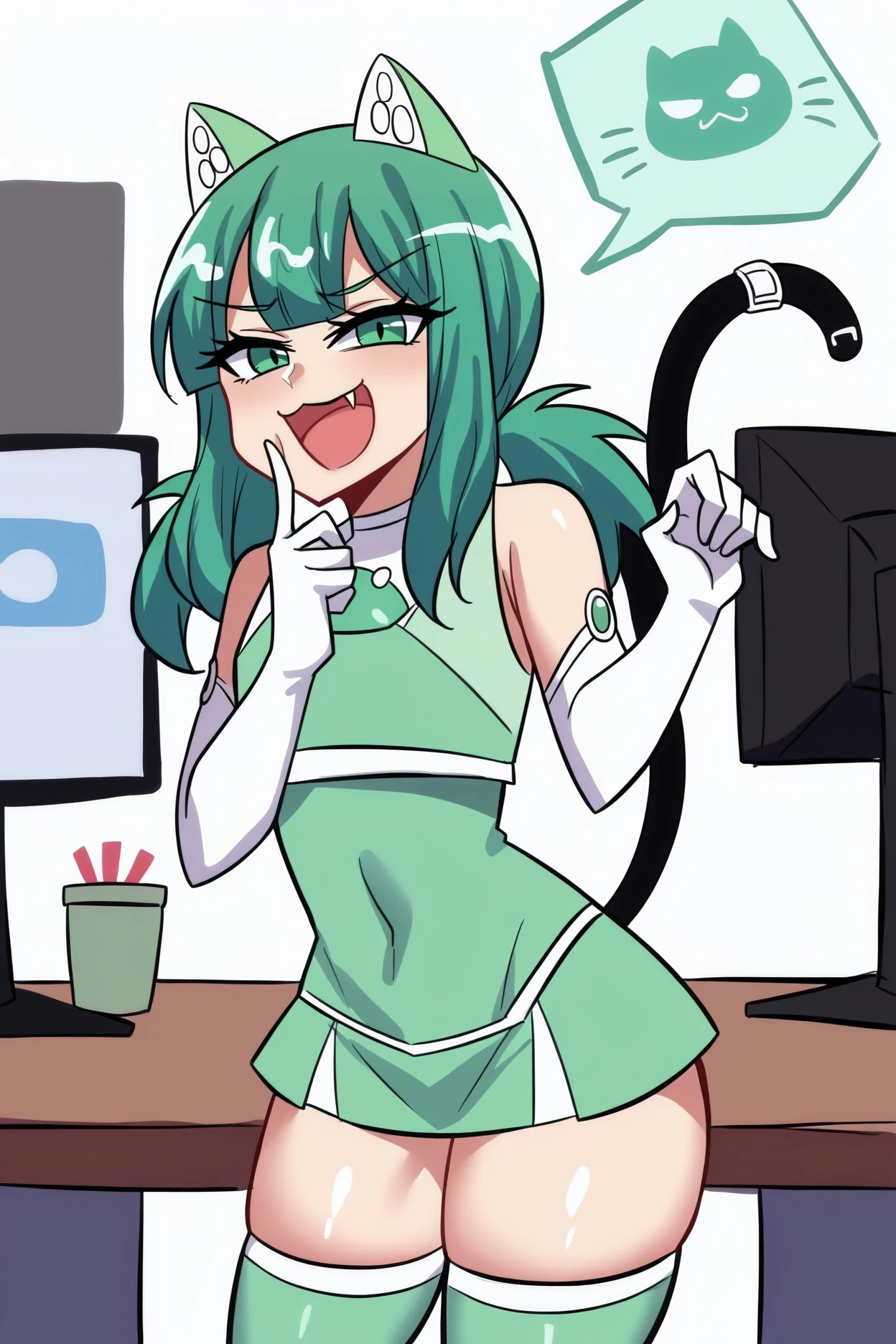 score_9, score_8_up, source_anime, 1girl, solo BREAK <lora:androidchan-pdxl-nvwls-v1-000006:1> adchan, green hair, cat ears, low twintails, white and green dress, elbow gloves, white gloves, green thighhighs, tail, thighs, hips, hands to hips, looking at viewer, furrowed brow, smile, fangs