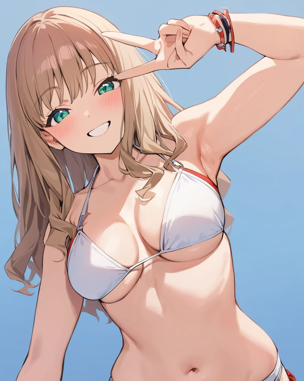 best quality, masterpiece, <lora:minami_yume:1>,simple_background, 1girl, solo, v, double_v, ssss.dynazenon, smile, navel, blush, blue_background, looking_at_viewer, bikini, white_bikini, minami_yume, gridman_universe, breasts, swimsuit, teeth, upper_body