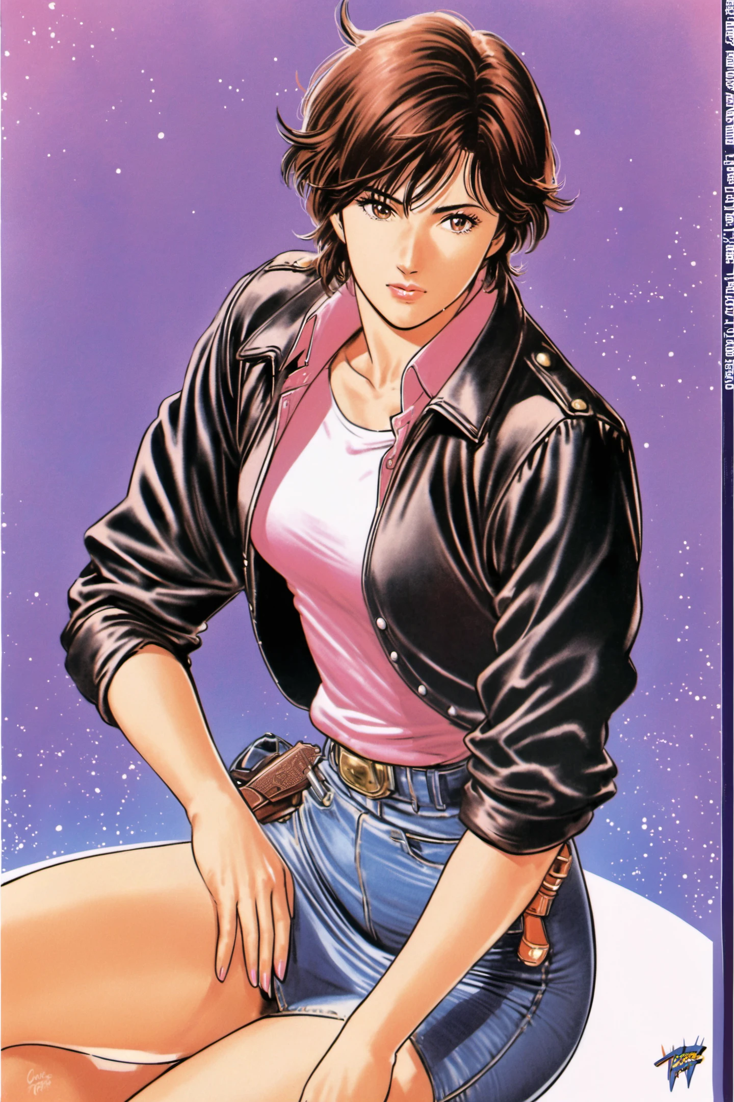 Makimura Kaori,1girl,solo,skirt,brown hair,short hair,handgun,holding gun,retro artstyle,denim,pencil skirt,miniskirt,denim skirt,jacket,1980s (style),sleeves rolled up,shirt,brown eyes,<lora:Tsukasa Hojo_XL:0.8>,