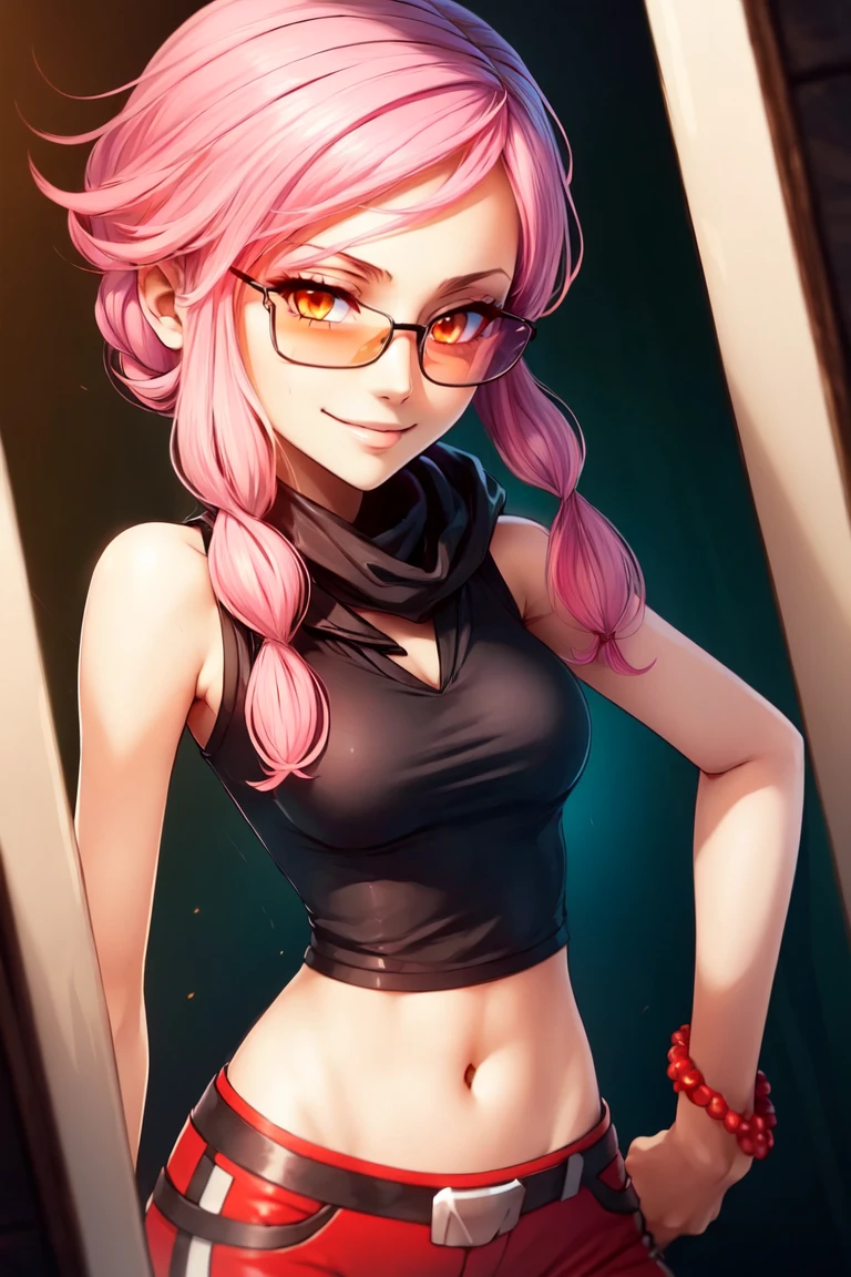 <lora:more_details:0.5>, ((masterpiece,best quality)), anime style, <lora:Malva_Pokemon_v2:0.8>, malva (pokemon),  1girl, solo, orange eyes, pink hair, long hair, twin braids, braid, sunglasses, tinted eyewear,  sleeveless shirt, black shirt, bare arms, midriff, red and black pants, smiling, looking at viewer, cowboy shot, (refraction:1.1),