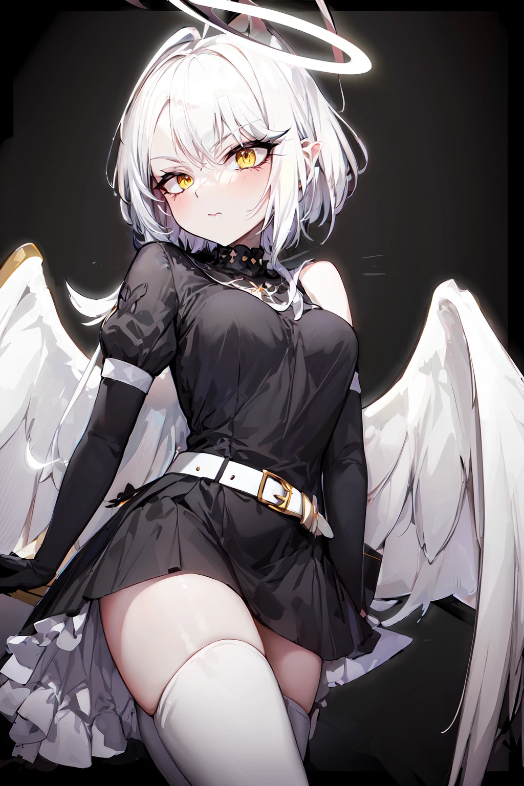 masterpiece, best quality, highres, mature female, 1girl, solo, hazbin hotel, hazbinlute, unmasked, pale gray skin, angel, angel wings, white angel wings, black wings border, white hair, short hair, yellow eyes, halo, (black halo, black aura, black aureola), black clothes, turtleneck dress, (white belt, white elbow gloves, white thigh boots, metal mock collar), <lora:Lute_Hazbin_Hotel:1> , <lora:add_detail:0.5>