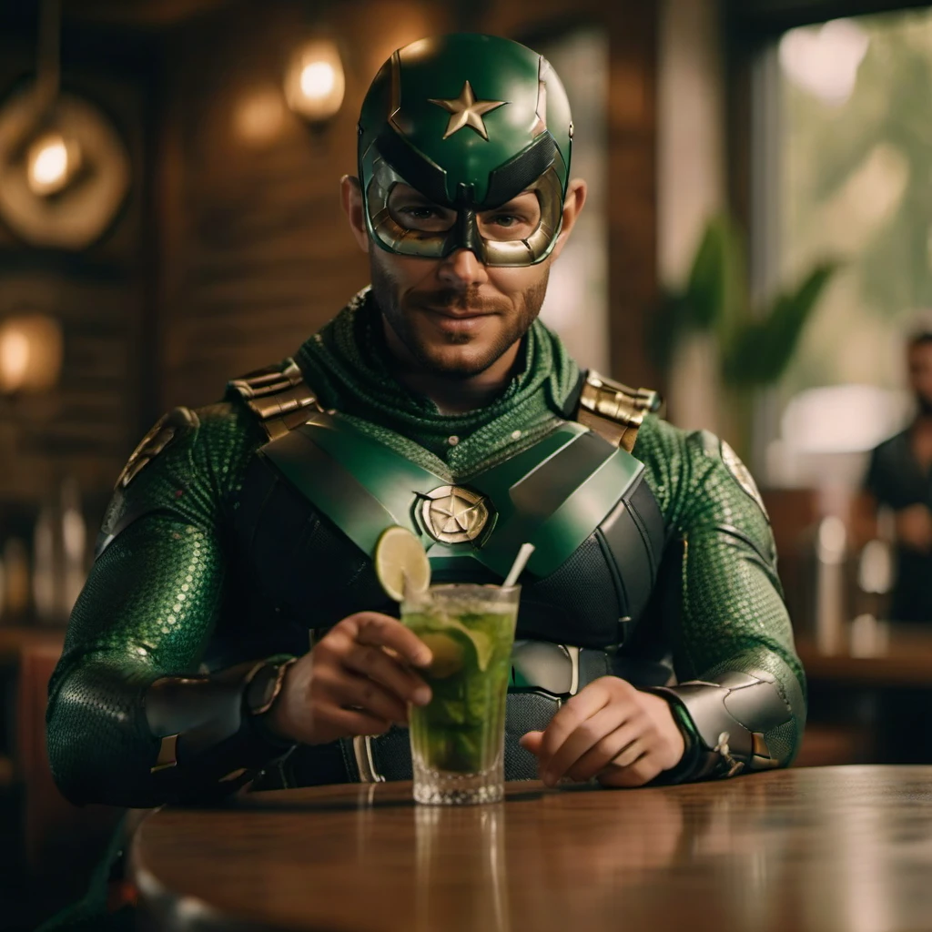 cinematic photo a man with a mask in a green superhero suit is having a mojito in a pub <lora:SoldierBoy1024:0.8> . 35mm photograph, film, bokeh, professional, 4k, highly detailed