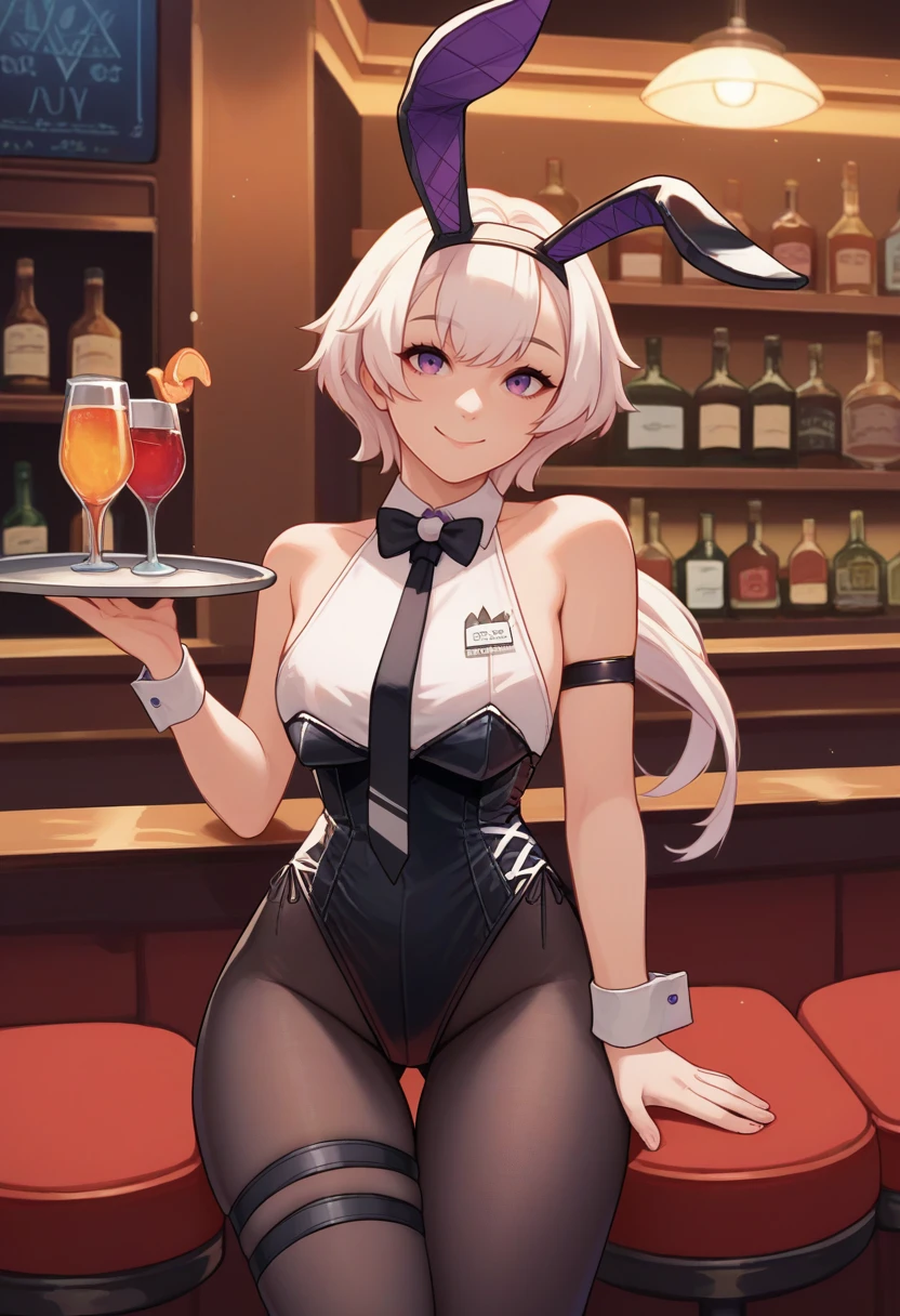 (Best Quality, masutepiece), depth of fields, Blurry background, cowboys_shot, thick thighs, Standing, Solo, 1girl in, long orange hair, (Ahoge:0.9), Glasses, Blunt bangs, Purple eyes, (full-face blush), ((Playboy Bunny, pantyhose, Bunny ears, highleg, highleg leotard, Black Leotard, Leotard)), a bar counter, nightclubs, Night,