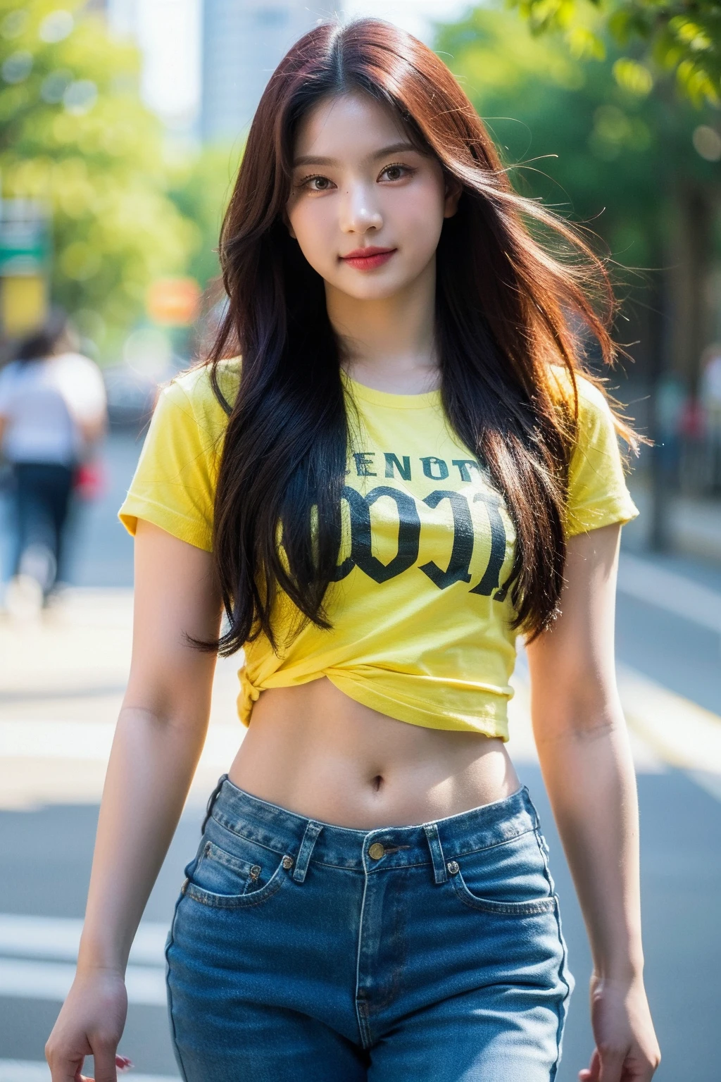 Best quality, masterpiece, ultra high res, (photorealistic), raw photo,1girl, skinny, cowboy shot,solo, realistic, looking at viewer, long hair, bokeh background, city streets,brown eyes, tshirt, navel, jeans, <lora:makina69_isa_v1.0:1>