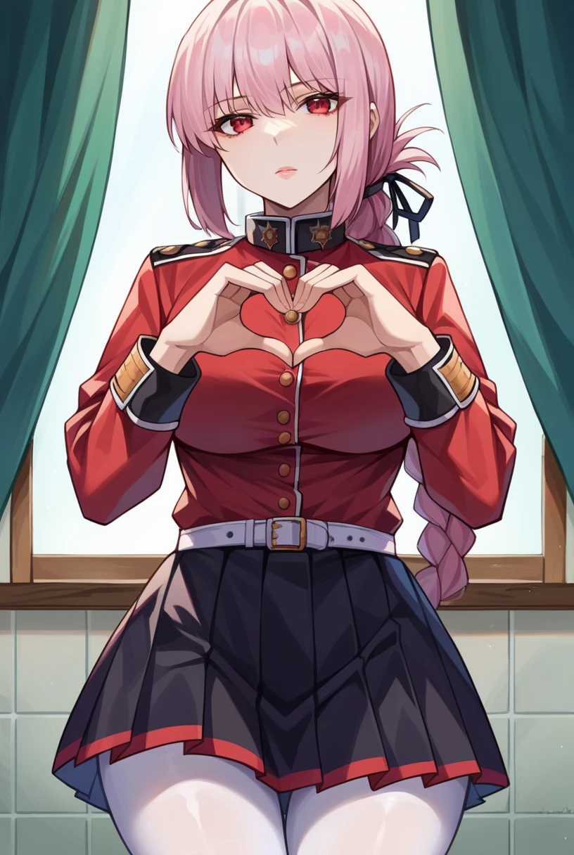 score_9, score_8_up, score_7_up, score_6_up, score_5_up, score_4_up, source_anime BREAK 1girl, solo, looking at viewer, cowboy shot, <lora:Florence_Nightingale_Sdxl-10:1>, Florence_Default, pink hair, long hair, hair between eyes, braided ponytail, folded ponytail, sidelocks, red eyes, military jacket, military uniform, red jacket, buttons, collar, sleeve cuffs, black skirt, pleated skirt, white belt, white pantyhose, large breasts, wide hips, lips, indoors, white tiles, tile wall, infirmary, day, expressionless, heart hands,