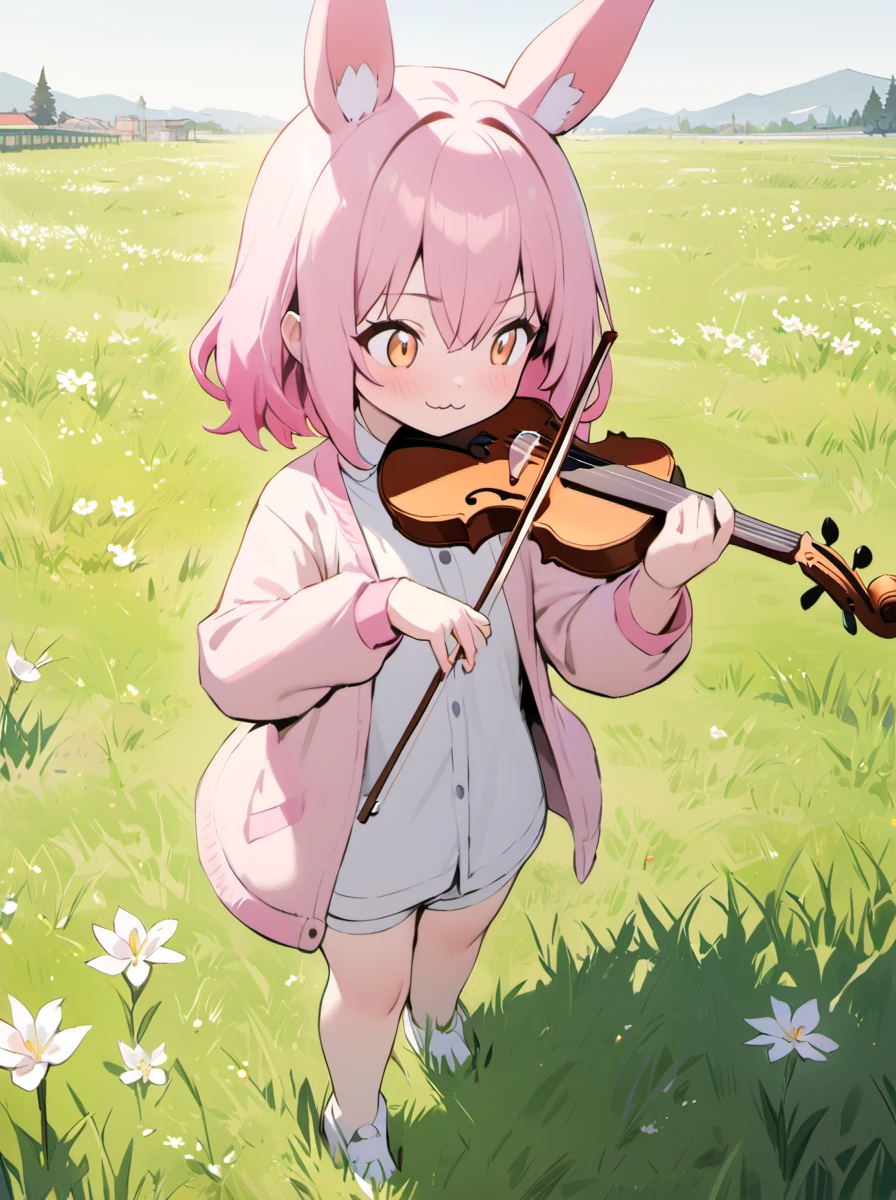 masterpiece,best quality,
a palworld-flopie playing the violin with big ears ,flower,jacket,:3,shirt,On the grassland,pink hair, 
<lora:palworld_flopie_xl_lora_v4-000098:1>,,