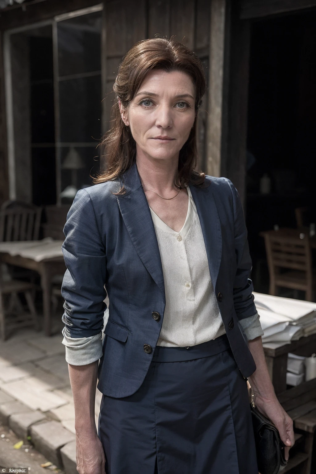 michellefairley,a mature woman wearing Casual blazer and cotton skirt, small village, (silhouette lighting:0.5) <lora:michellefairley:1>
