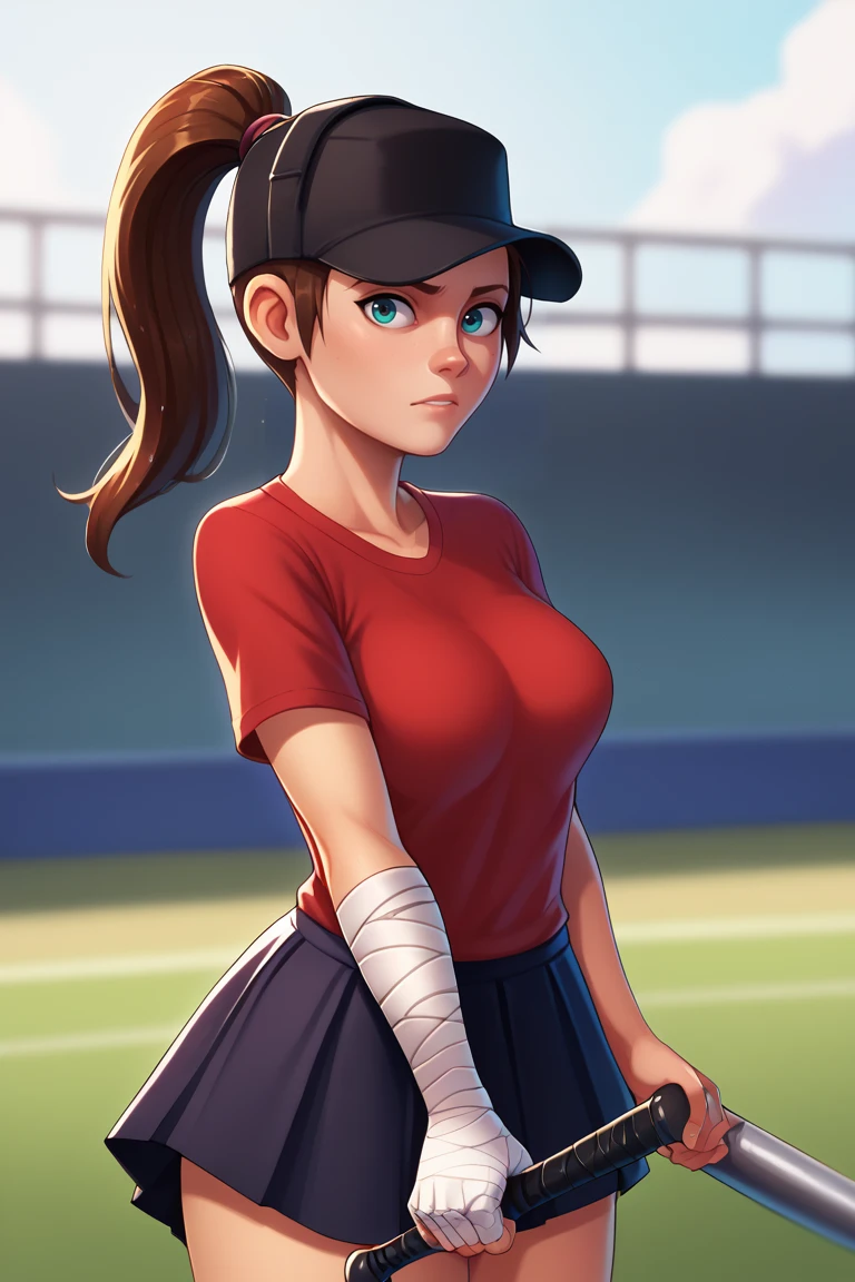 score_9, score_8_up, score_7_up, BREAK, <lora:shadmanPONYXL-guy-v101:1>, 1girl, solo, breasts, looking at viewer, <lora:tf2_femscout_ponyXL:0.9> femscout, ponytail, baseball cap, red shirt, skirt, bandaged arm, baseball stadium, baseball bat,