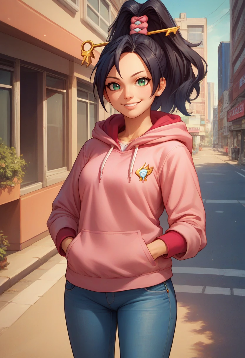 score_9, score_8_up, score_7_up, source_anime, solo, 1girl, kay faraday, smile, looking at viewer, hand in pocket, ponytail, hair ornament, pink hoodie, jeans, outdoors, city street <lora:aai_kayfaraday_ponyXL:1>