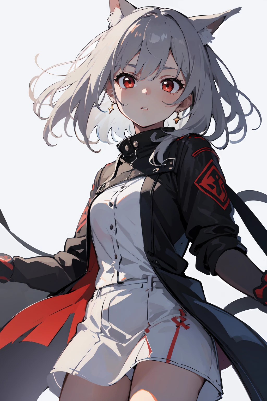 masterpiece,high quality,highres,1girl,solo,cowboy shot,tailwind,(red eyes , grey hair ),medium hair ,,,white background ,<lora:wind-tailwind-v1-wasabiya:1>,