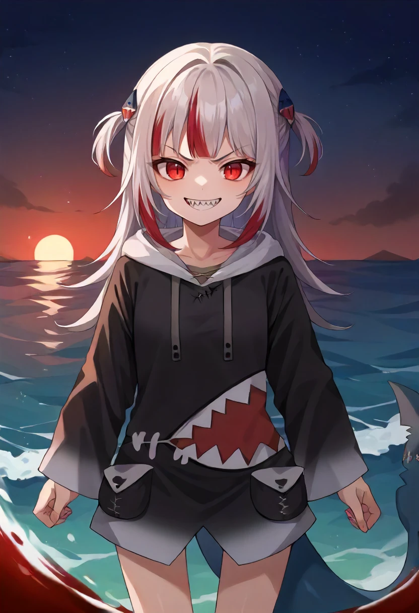 score_9, score_6_up, source_anime, 1girl, solo, ocean, night, gura_red, dark persona, red eyes, streaked hair, two side up, shark hair ornament, blood, shark tail, black hoodie, evil grin, sharp teeth, tall, adult<lora:gawr_gura_sdxl_pony:1>