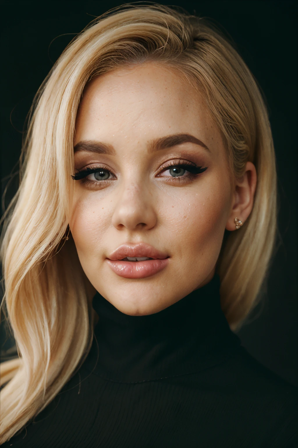 epic35mm, photo of beautiful (block_savbond:0.99), a beautiful woman, blonde hair in updo, (closeup headshot), (wearing a black turtleneck jumper:1.2), (simple background), 70mm, (analog, cinematic, film grain:1.3), ((detailed eyes)), (color picture:1.1), Fujifilm XT3,  <lora:epiC35mm:1>