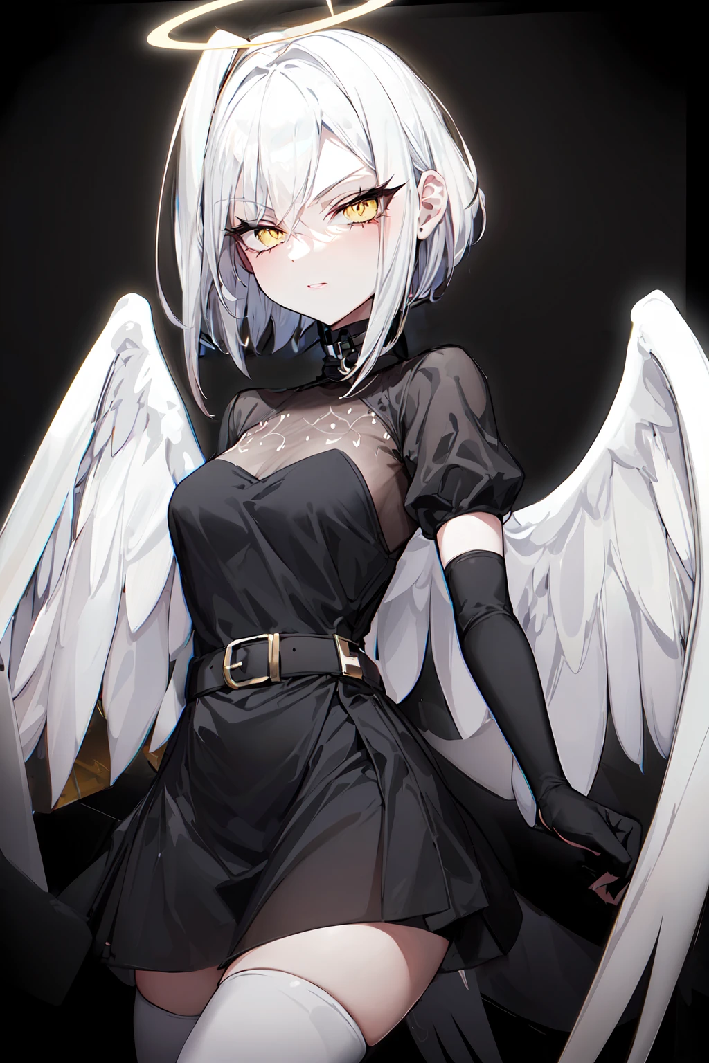 masterpiece, best quality, highres, mature female, 1girl, solo, hazbin hotel, hazbinlute, unmasked, pale gray skin, angel, angel wings, white angel wings, black wings border, white hair, short hair, yellow eyes, halo, (black halo, black aura, black aureola), black clothes, turtleneck dress, (white belt, white elbow gloves, white thigh boots, black legwear, metal mock collar), <lora:Lute_Hazbin_Hotel:1> , standing, sfw, <lora:add_detail:0.5>